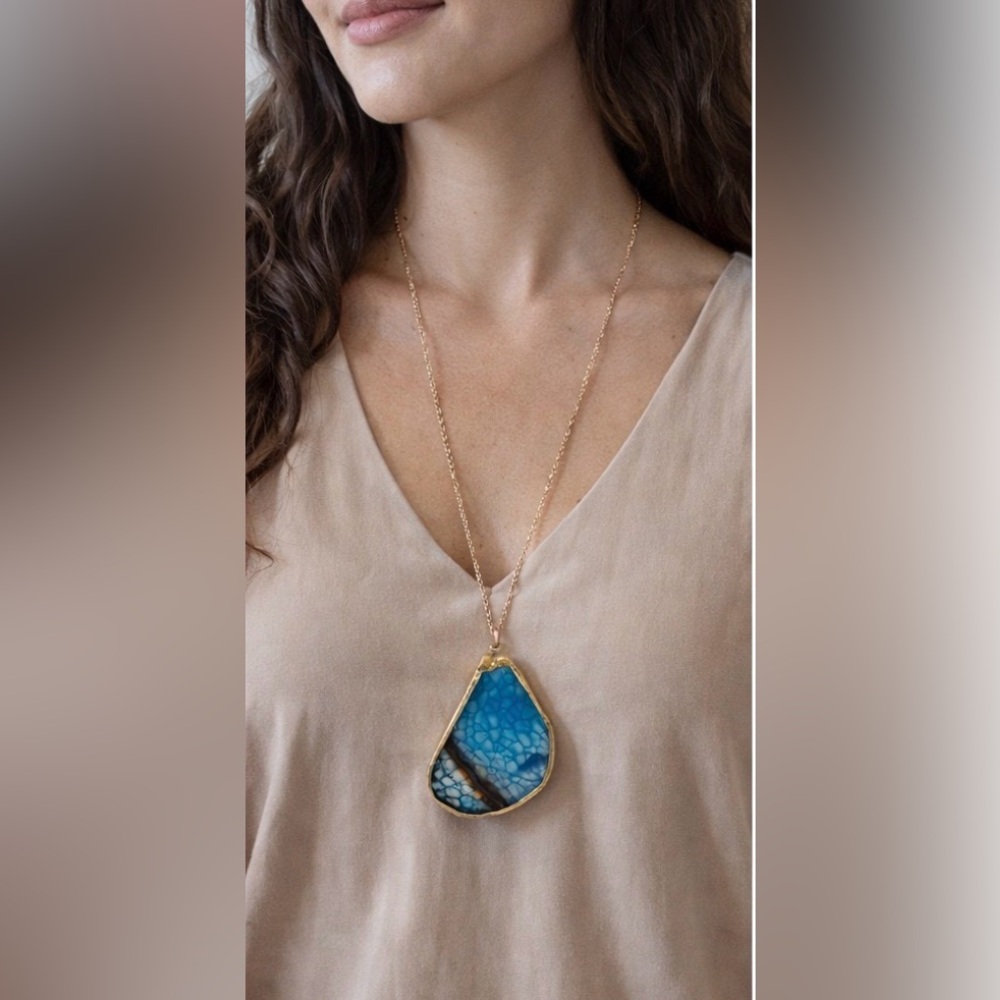 Blue Agate Stone and Gold Necklace with Organic Design